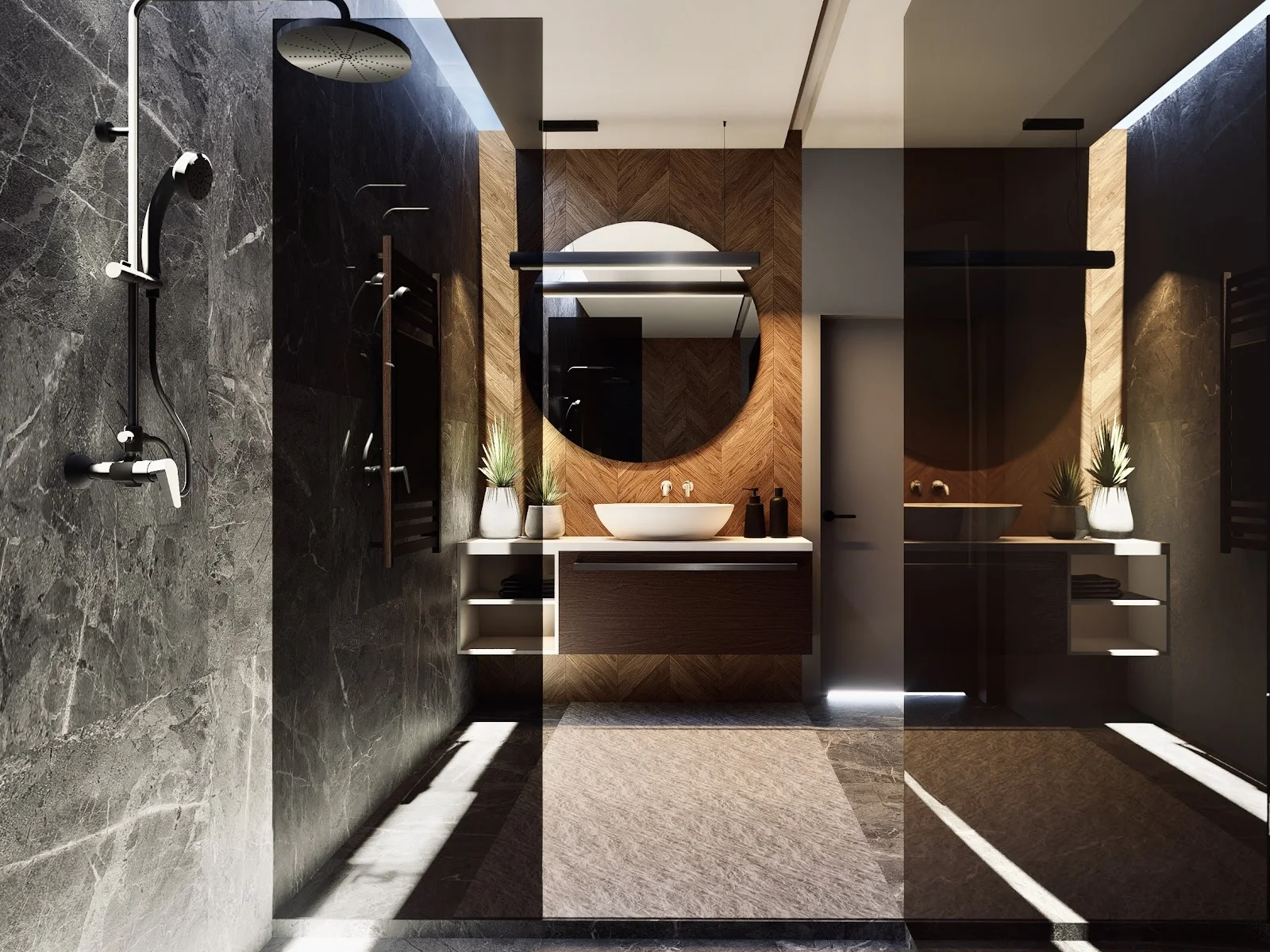Visualización de baño oscuro premium con tina exenta y mármol