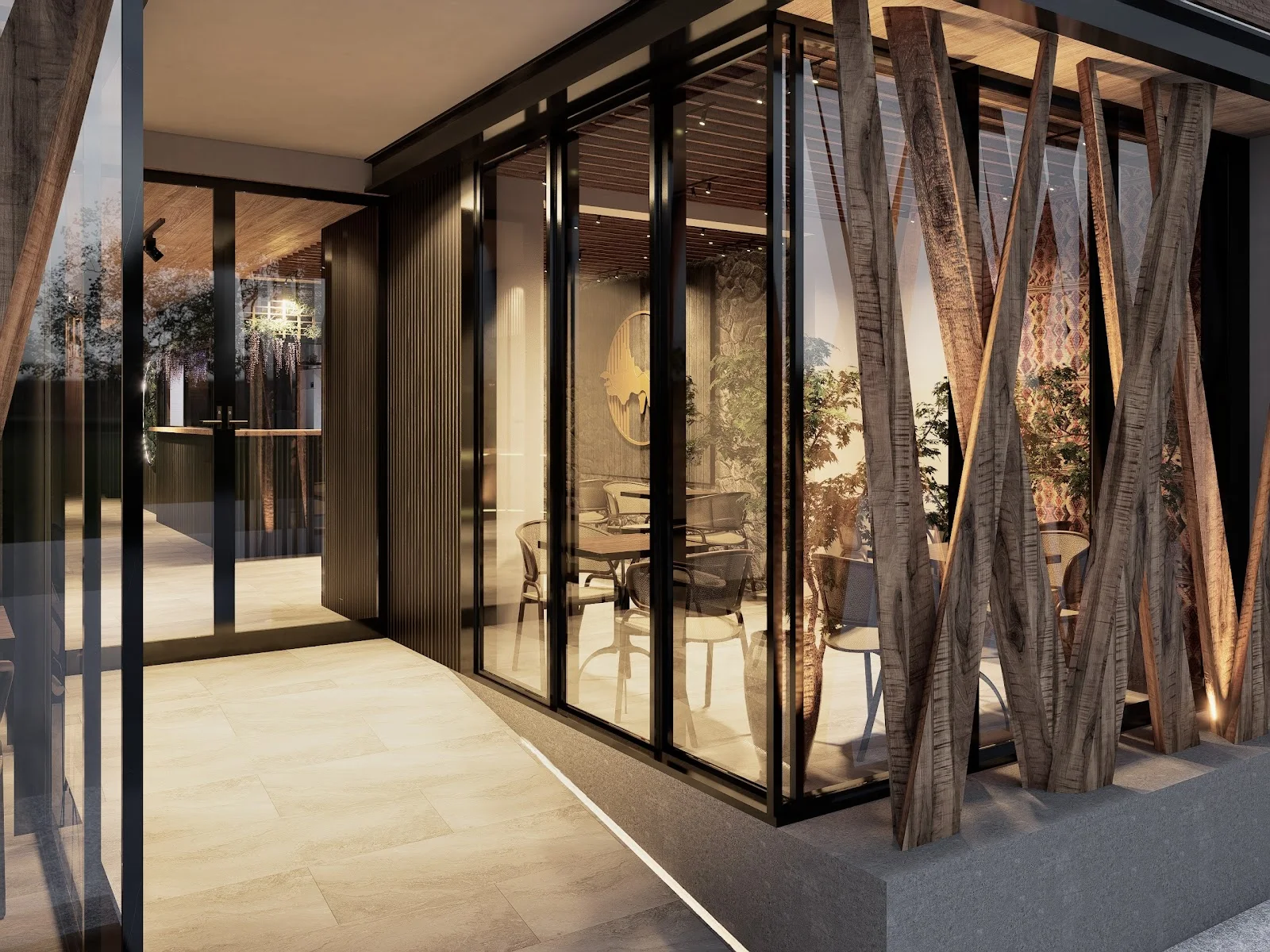 Detalle de fachada con cristal y entramado de madera en doble altura