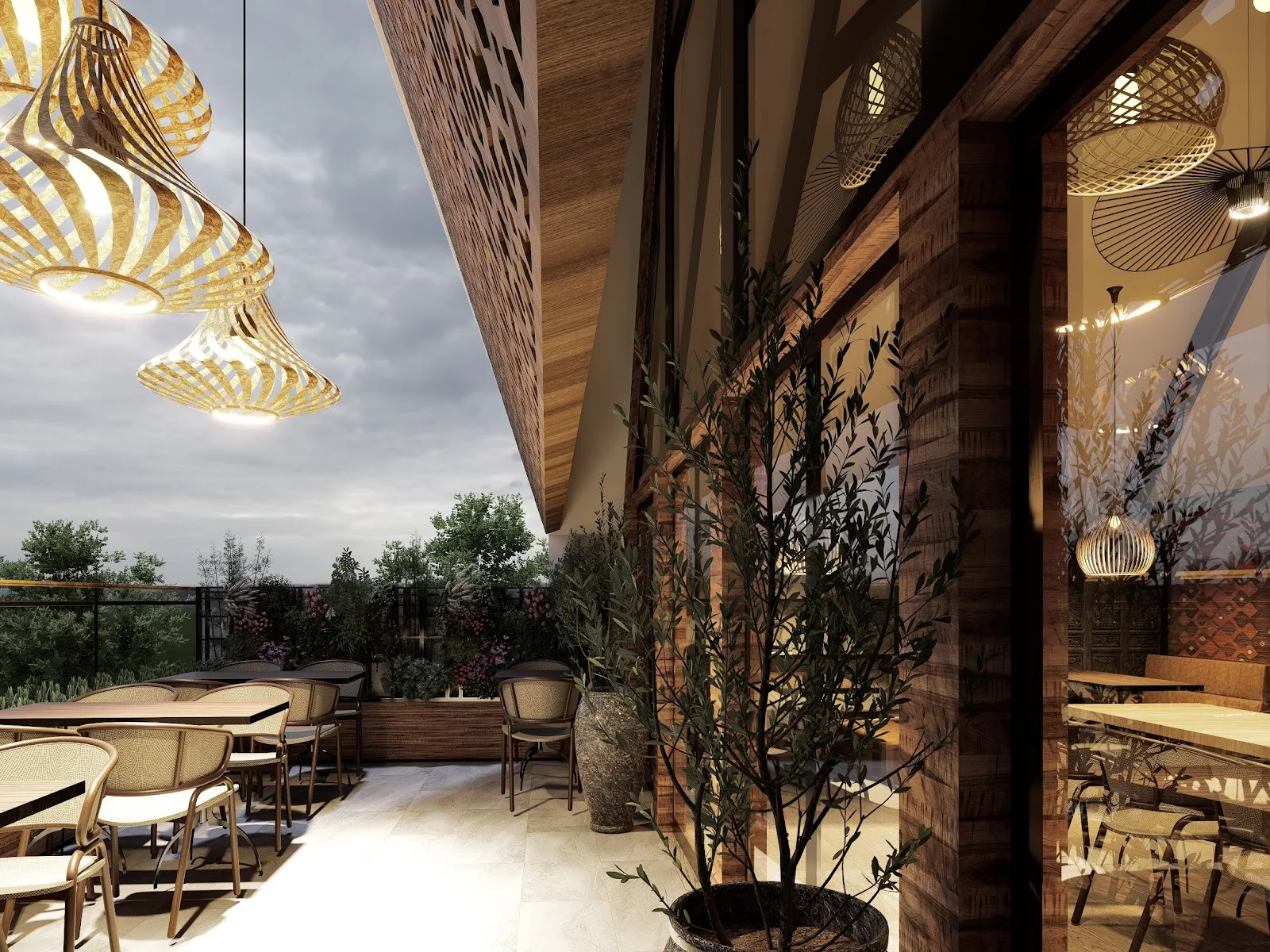 Visualización de la terraza del restaurante MANKA con lámparas colgantes